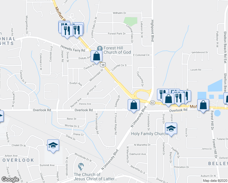 map of restaurants, bars, coffee shops, grocery stores, and more near 1533 Sawada Drive in Mobile