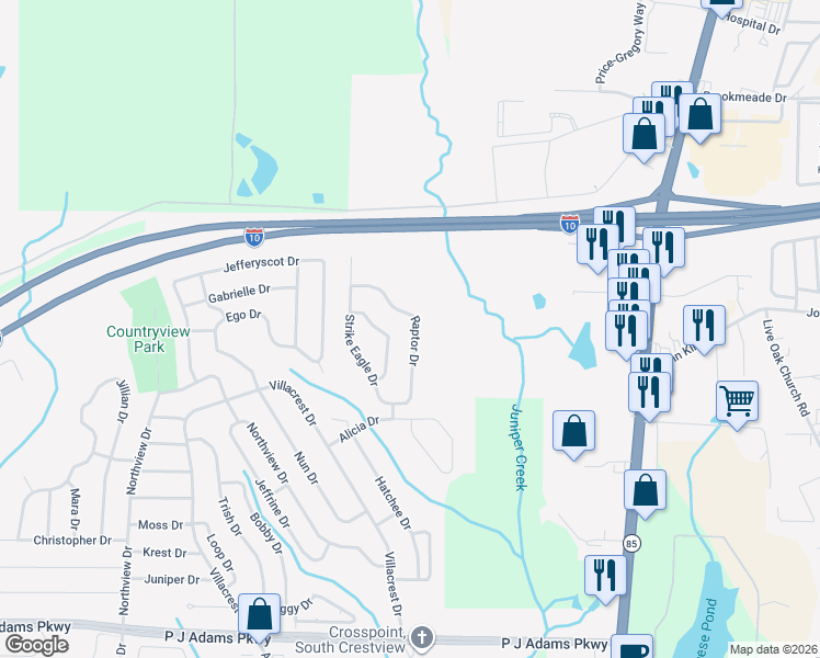 map of restaurants, bars, coffee shops, grocery stores, and more near 225 Raptor Drive in Crestview