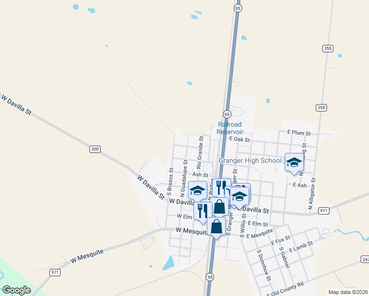 map of restaurants, bars, coffee shops, grocery stores, and more near 300 East Walnut in Granger