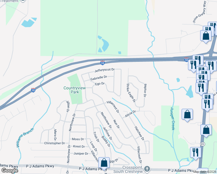 map of restaurants, bars, coffee shops, grocery stores, and more near 1235 Ego Drive in Crestview