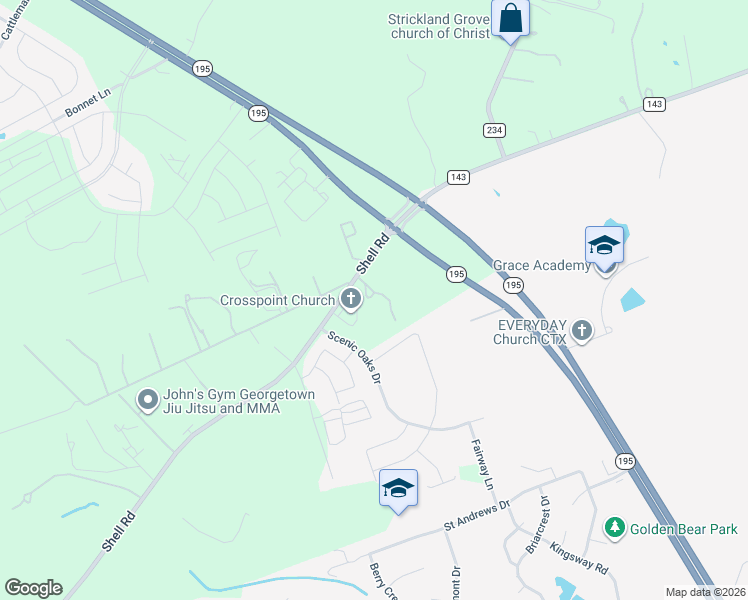 map of restaurants, bars, coffee shops, grocery stores, and more near 3900 Shell Road in Georgetown