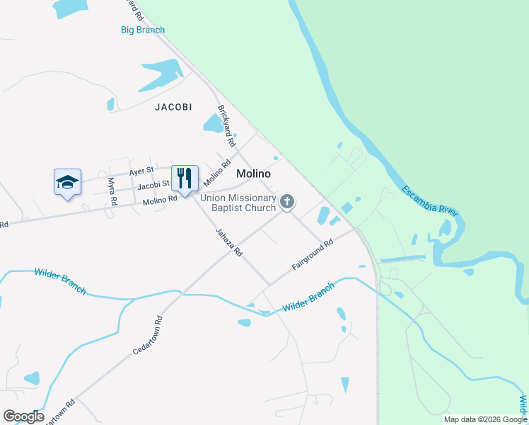 map of restaurants, bars, coffee shops, grocery stores, and more near 6800 Cedartown Road in Molino