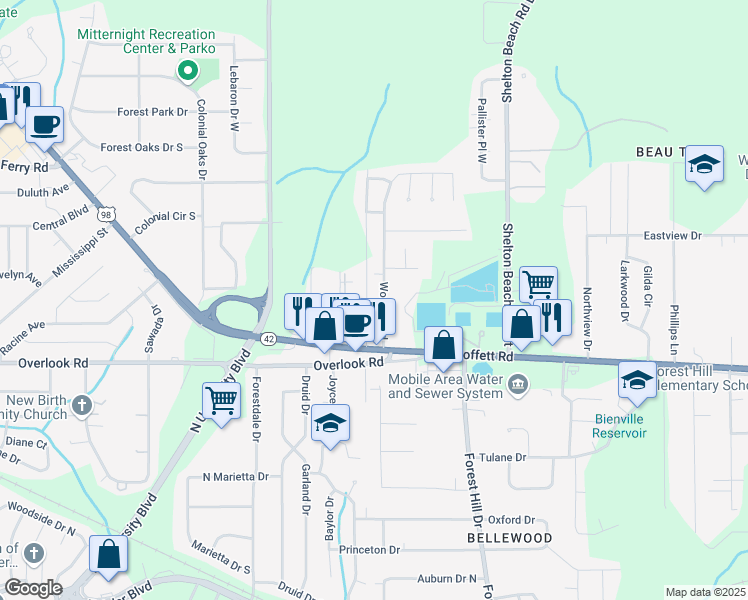 map of restaurants, bars, coffee shops, grocery stores, and more near 1601 Woodley Road in Mobile