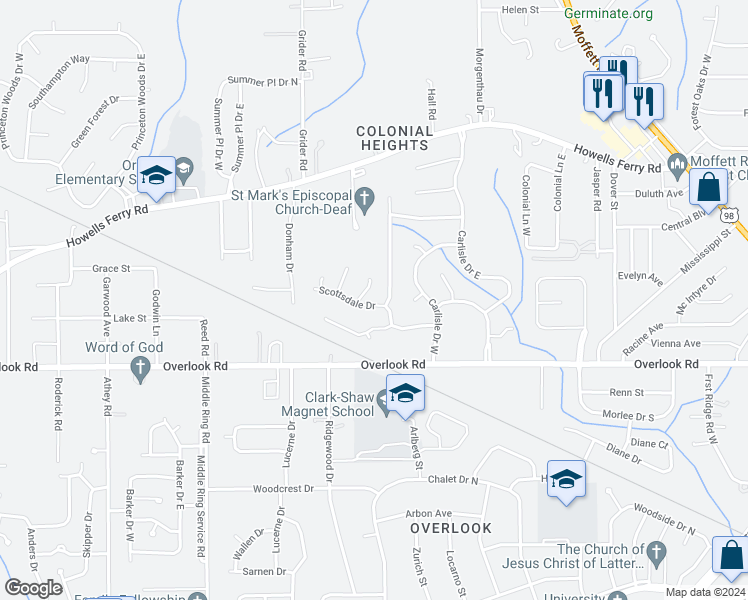 map of restaurants, bars, coffee shops, grocery stores, and more near 6004 Scottsdale Drive in Mobile