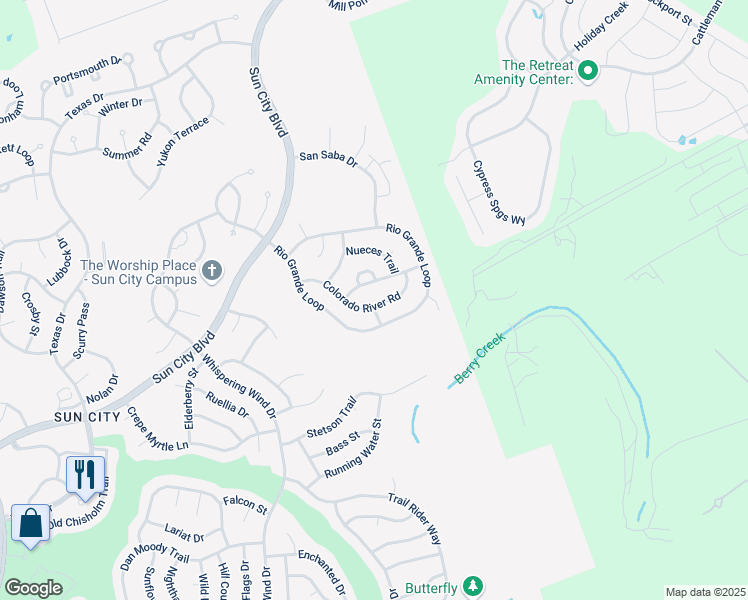 map of restaurants, bars, coffee shops, grocery stores, and more near 401 Colorado River Road in Georgetown