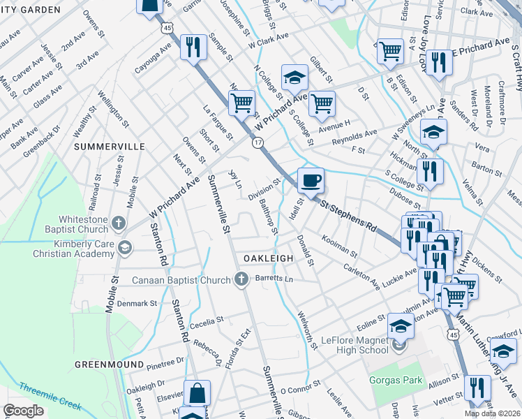 map of restaurants, bars, coffee shops, grocery stores, and more near 1055 Balthrop Street in Mobile