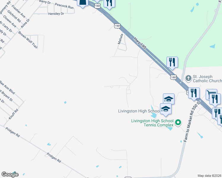map of restaurants, bars, coffee shops, grocery stores, and more near 545 Jewell Coleman Road in Livingston
