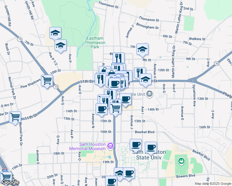 map of restaurants, bars, coffee shops, grocery stores, and more near in Huntsville
