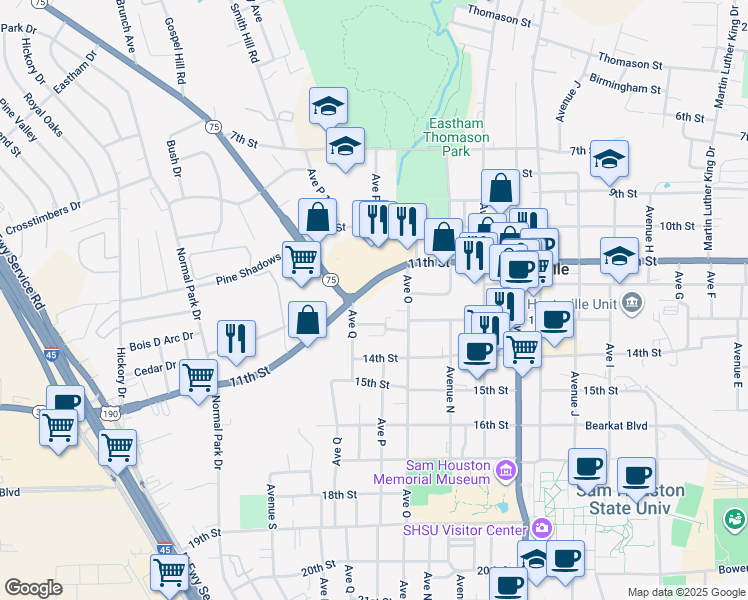 map of restaurants, bars, coffee shops, grocery stores, and more near 1565 11th Street in Huntsville