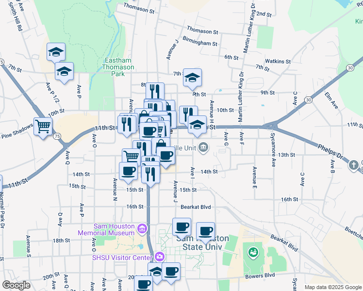 map of restaurants, bars, coffee shops, grocery stores, and more near 1207 Avenue J in Huntsville