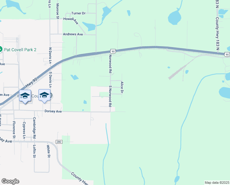 map of restaurants, bars, coffee shops, grocery stores, and more near 303 South Norwood Road in DeFuniak Springs