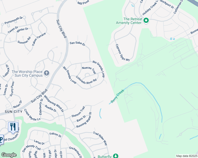 map of restaurants, bars, coffee shops, grocery stores, and more near 417 Colorado River Road in Georgetown
