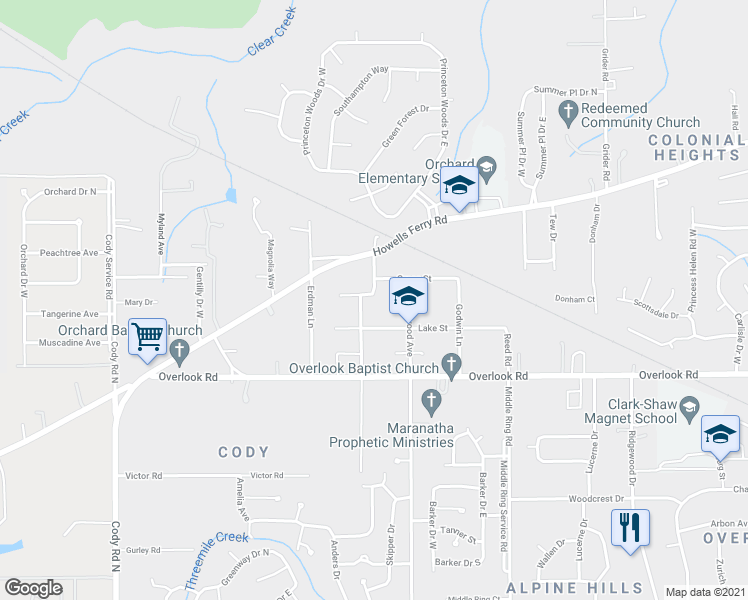 map of restaurants, bars, coffee shops, grocery stores, and more near 1628 Withers Avenue in Mobile