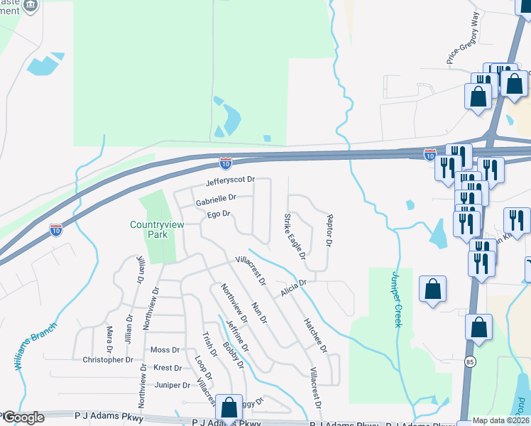 map of restaurants, bars, coffee shops, grocery stores, and more near 1270 Jefferyscot Drive in Crestview