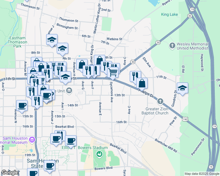 map of restaurants, bars, coffee shops, grocery stores, and more near 415 12th Street in Huntsville