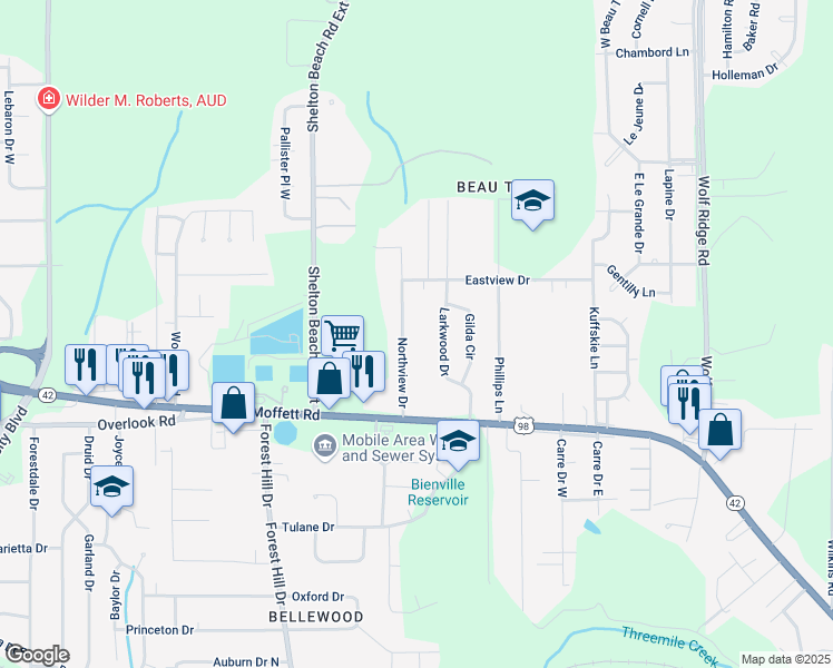 map of restaurants, bars, coffee shops, grocery stores, and more near 1612 Northview Drive in Mobile