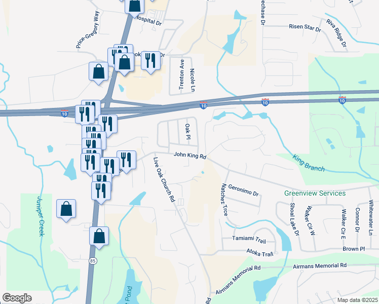 map of restaurants, bars, coffee shops, grocery stores, and more near 173 John King Road in Crestview
