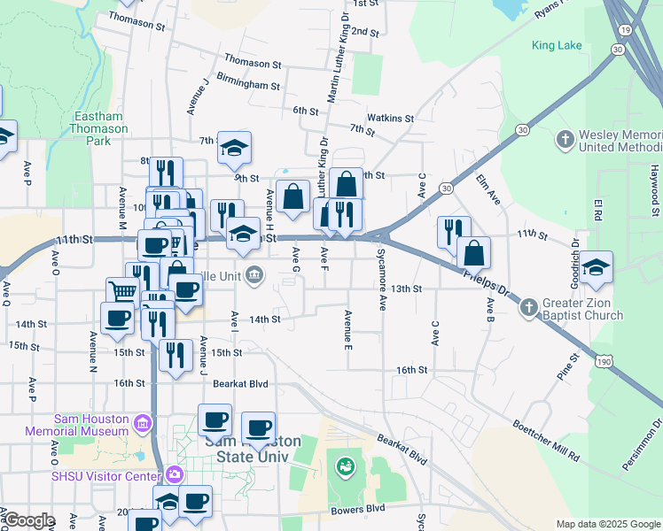 map of restaurants, bars, coffee shops, grocery stores, and more near 507 12th Street in Huntsville