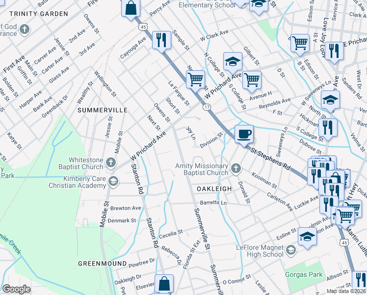 map of restaurants, bars, coffee shops, grocery stores, and more near 1076 Summerville St in Mobile