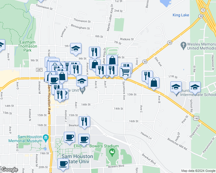 map of restaurants, bars, coffee shops, grocery stores, and more near 525 12th Street in Huntsville