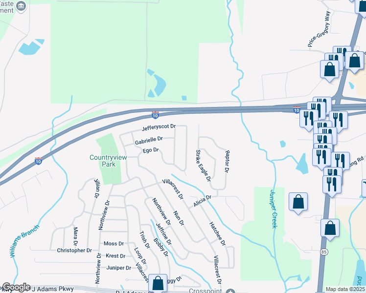 map of restaurants, bars, coffee shops, grocery stores, and more near 1268 Jefferyscot Drive in Crestview