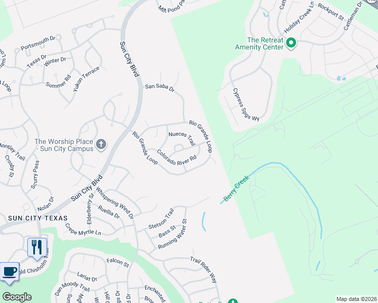 map of restaurants, bars, coffee shops, grocery stores, and more near 112 Guadalupe Trail in Georgetown