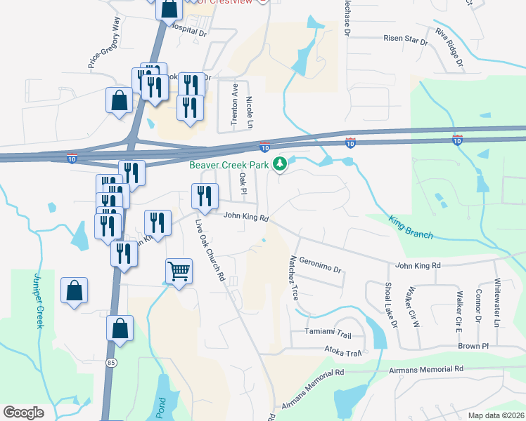 map of restaurants, bars, coffee shops, grocery stores, and more near 185 Oak Terrace Drive in Crestview