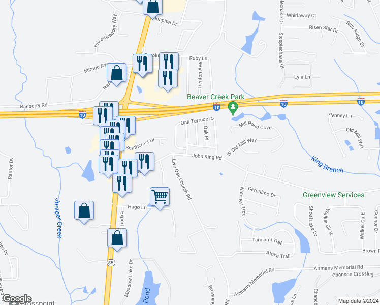 map of restaurants, bars, coffee shops, grocery stores, and more near 161 John King Road in Crestview
