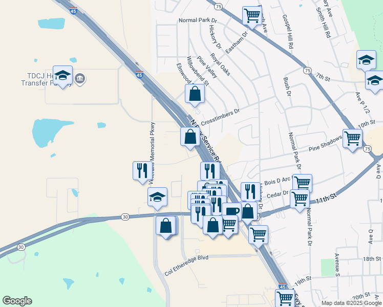 map of restaurants, bars, coffee shops, grocery stores, and more near 185 Interstate 45 in Huntsville