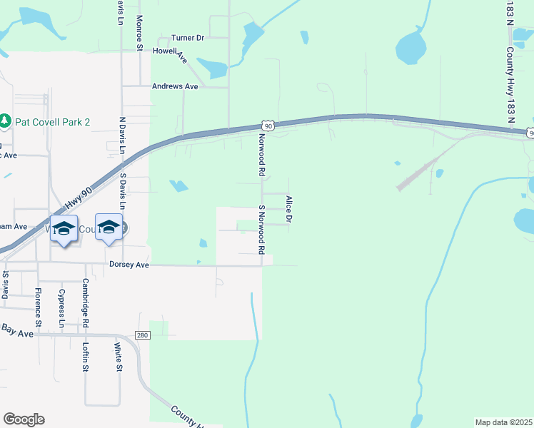 map of restaurants, bars, coffee shops, grocery stores, and more near 303 South Norwood Road in DeFuniak Springs