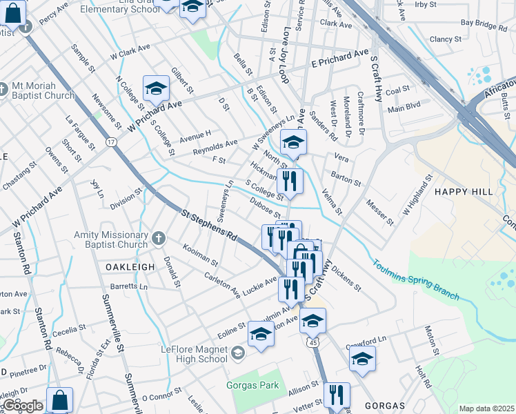 map of restaurants, bars, coffee shops, grocery stores, and more near 616 Spring Street in Mobile