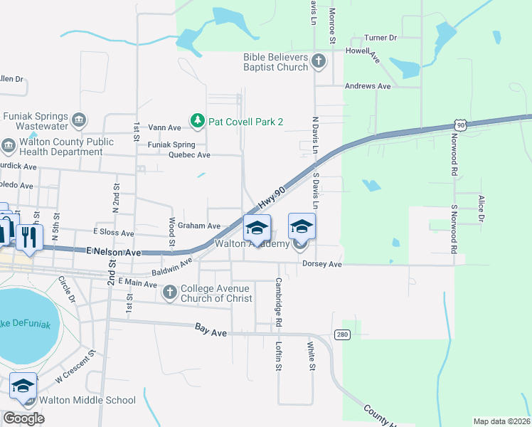 map of restaurants, bars, coffee shops, grocery stores, and more near 15 Jackson Street in DeFuniak Springs