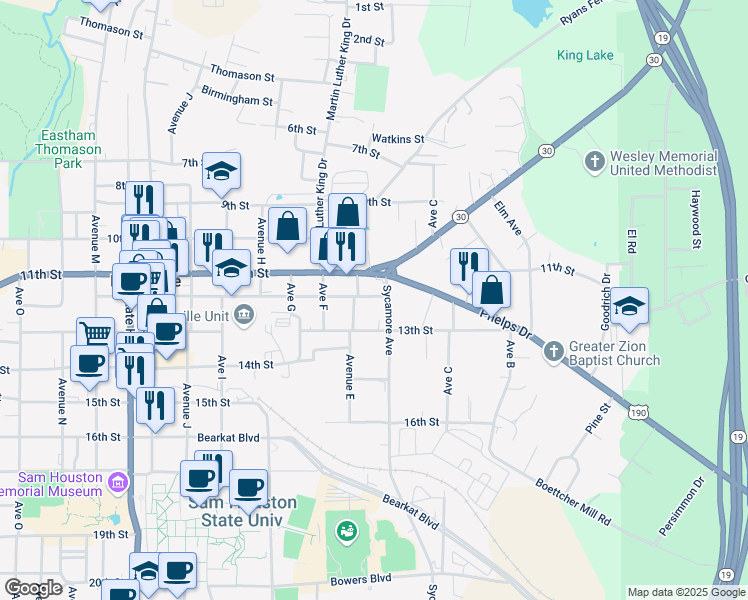 map of restaurants, bars, coffee shops, grocery stores, and more near 415 12th Street in Huntsville