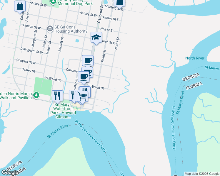 map of restaurants, bars, coffee shops, grocery stores, and more near 300 Norris Street in St. Marys