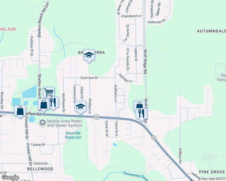 map of restaurants, bars, coffee shops, grocery stores, and more near 4205 N Chesterfield Dr in Mobile