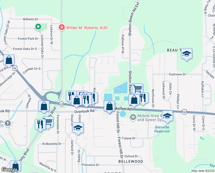 map of restaurants, bars, coffee shops, grocery stores, and more near 4823 Mercedes Road in Mobile