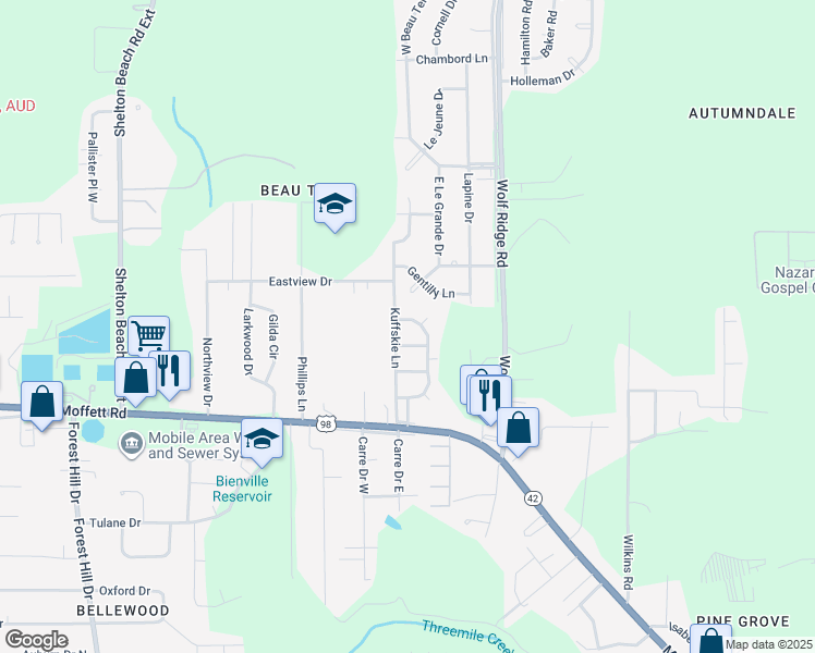 map of restaurants, bars, coffee shops, grocery stores, and more near 4205 North Chesterfield Drive in Mobile