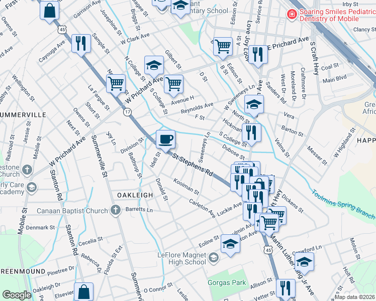 map of restaurants, bars, coffee shops, grocery stores, and more near 601 McDonough Street in Mobile
