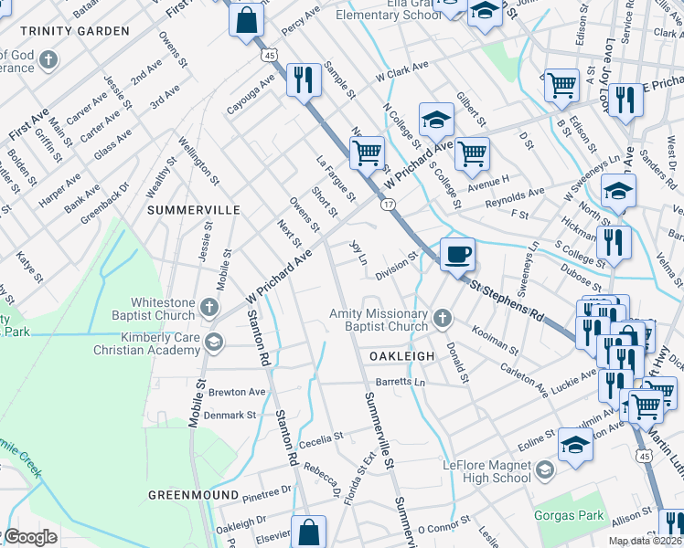 map of restaurants, bars, coffee shops, grocery stores, and more near 1076 Summerville St in Mobile