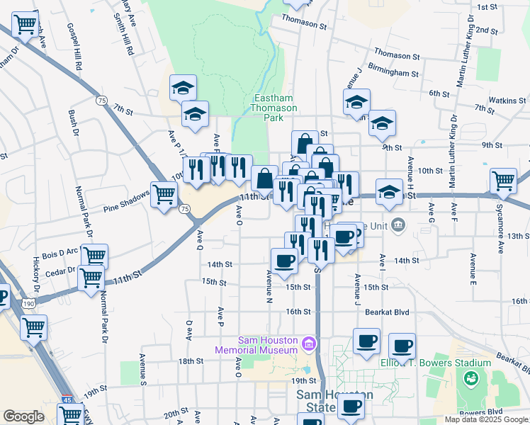 map of restaurants, bars, coffee shops, grocery stores, and more near 1110 Avenue North in Huntsville