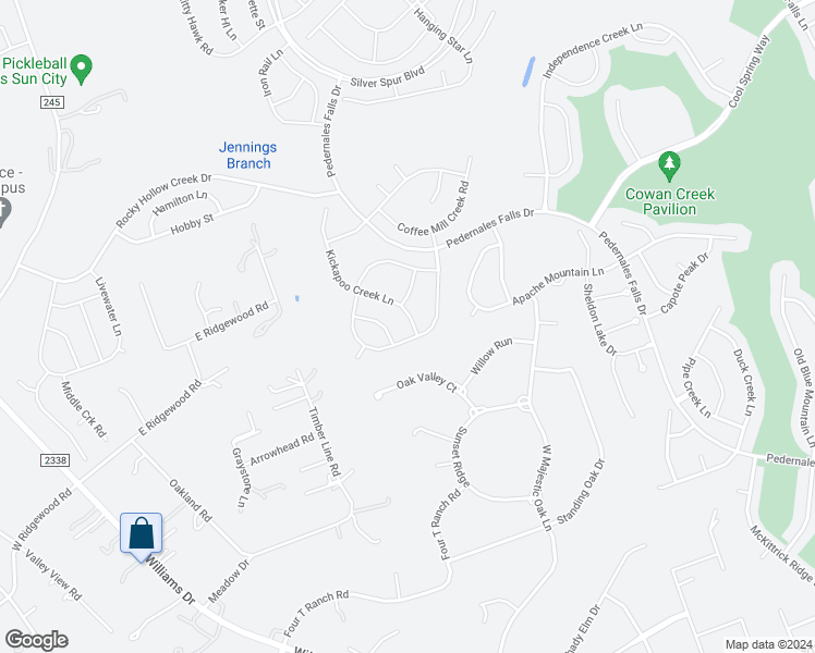 map of restaurants, bars, coffee shops, grocery stores, and more near 105 Kickapoo Creek Lane in Georgetown