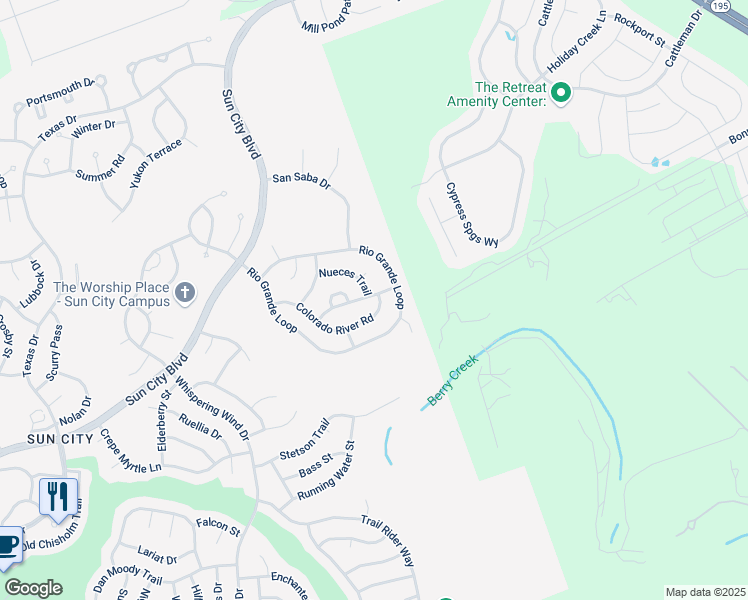 map of restaurants, bars, coffee shops, grocery stores, and more near 417 Colorado River Rd in Georgetown
