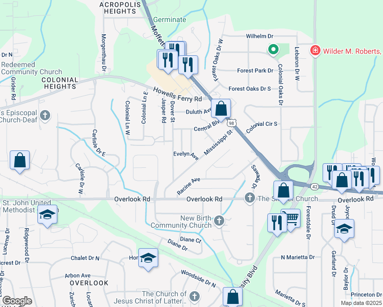 map of restaurants, bars, coffee shops, grocery stores, and more near 5598 Evelyn Avenue in Mobile
