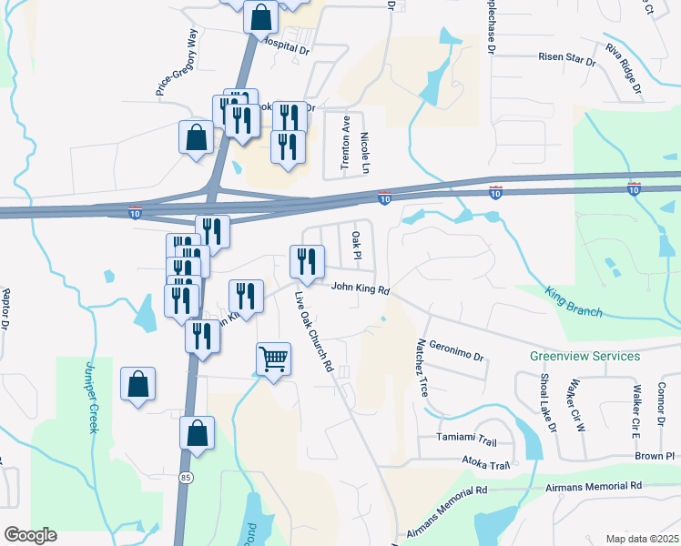 map of restaurants, bars, coffee shops, grocery stores, and more near 507 White Oak Lane in Crestview