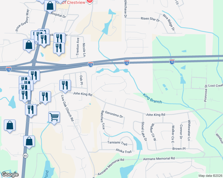 map of restaurants, bars, coffee shops, grocery stores, and more near 114 Hollow Cove in Crestview