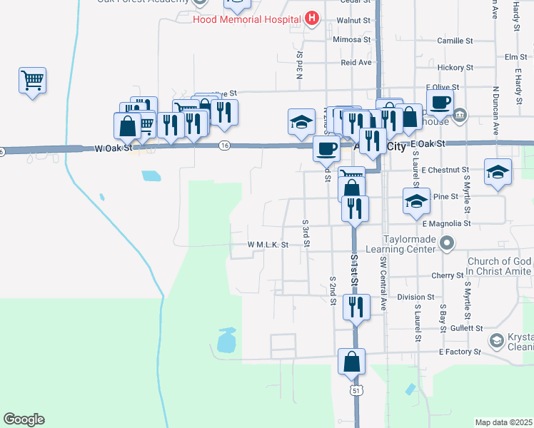 map of restaurants, bars, coffee shops, grocery stores, and more near 313 Graves Lane in Amite City