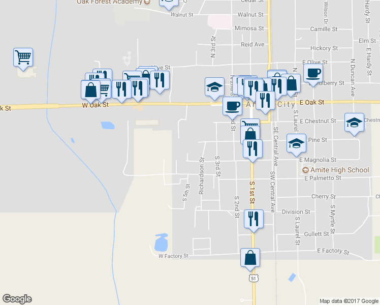 map of restaurants, bars, coffee shops, grocery stores, and more near 313 Graves Lane in Amite City