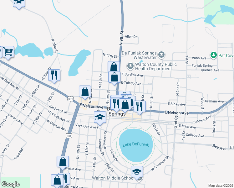 map of restaurants, bars, coffee shops, grocery stores, and more near 171 Highway 83 in DeFuniak Springs