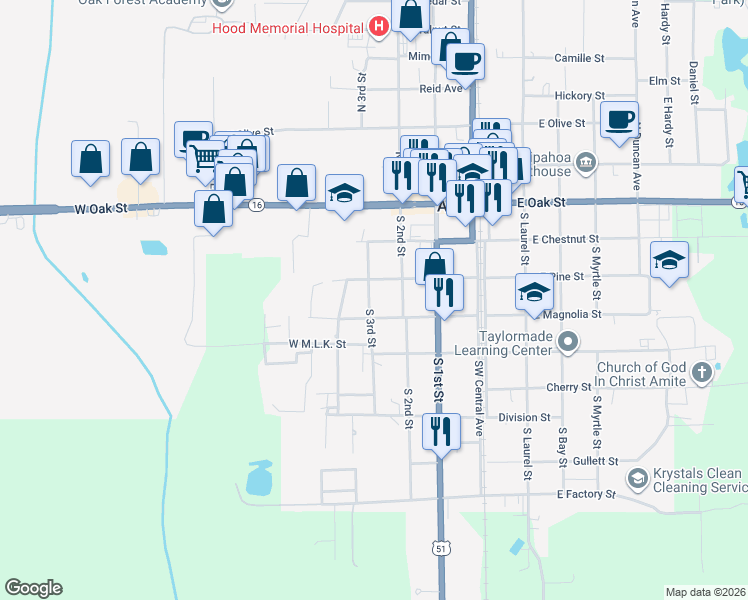 map of restaurants, bars, coffee shops, grocery stores, and more near 309 South 3rd Street in Amite City