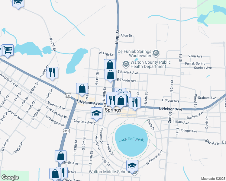 map of restaurants, bars, coffee shops, grocery stores, and more near 179 Highway 83 in DeFuniak Springs